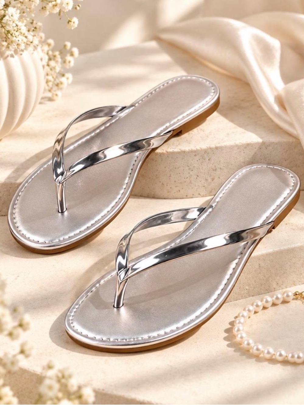 Women's Metallic Silver Flip Flop Sandals